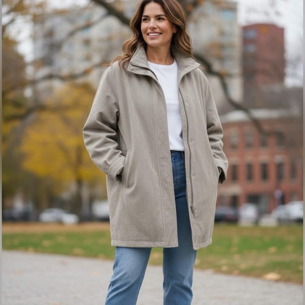 Bromley Sport Real Down Coat Women’s Medium Taupe Faux Suede Quilted Insulated